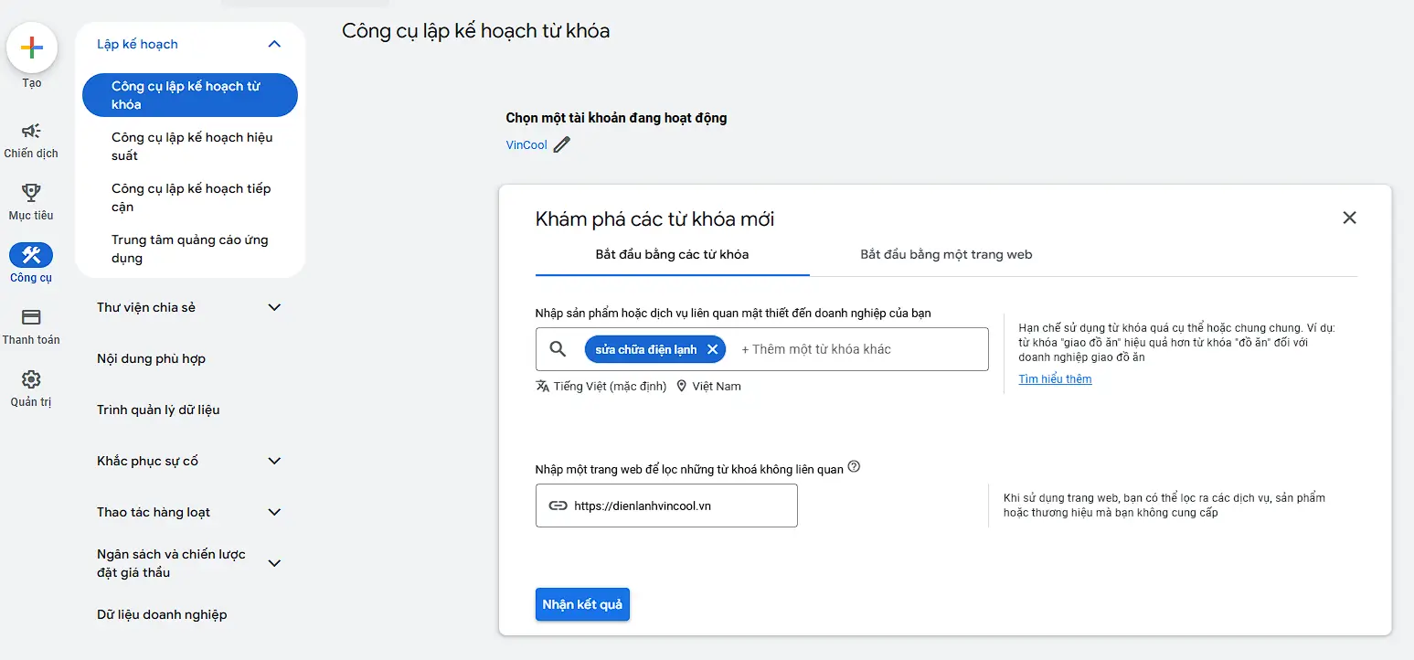 Nhập từ khóa sản phẩm/dịch vụ và website lên Google Keyword Planner