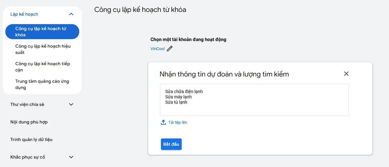 Nhập từ khóa để nhận thông tin dự đoán từ Google Keyword Planner