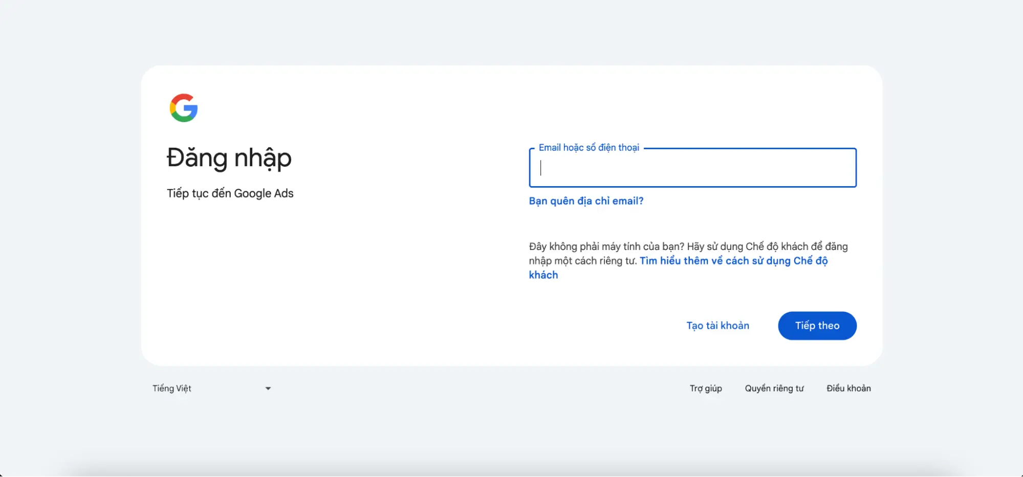 Đăng nhập tài khoản Gmail để tạo Google MCC