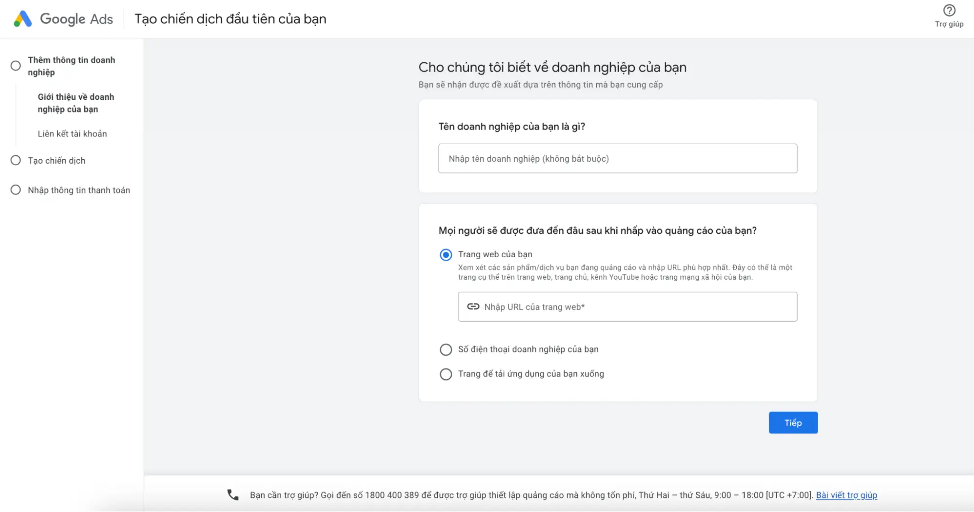 Điền thông tin doanh nghiệp của bạn trên Google MCC