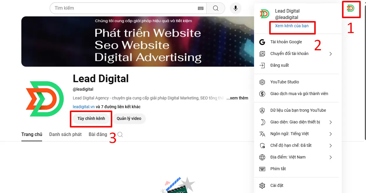 Các bước tùy chỉnh kênh Youtube - Ảnh Lead Digital