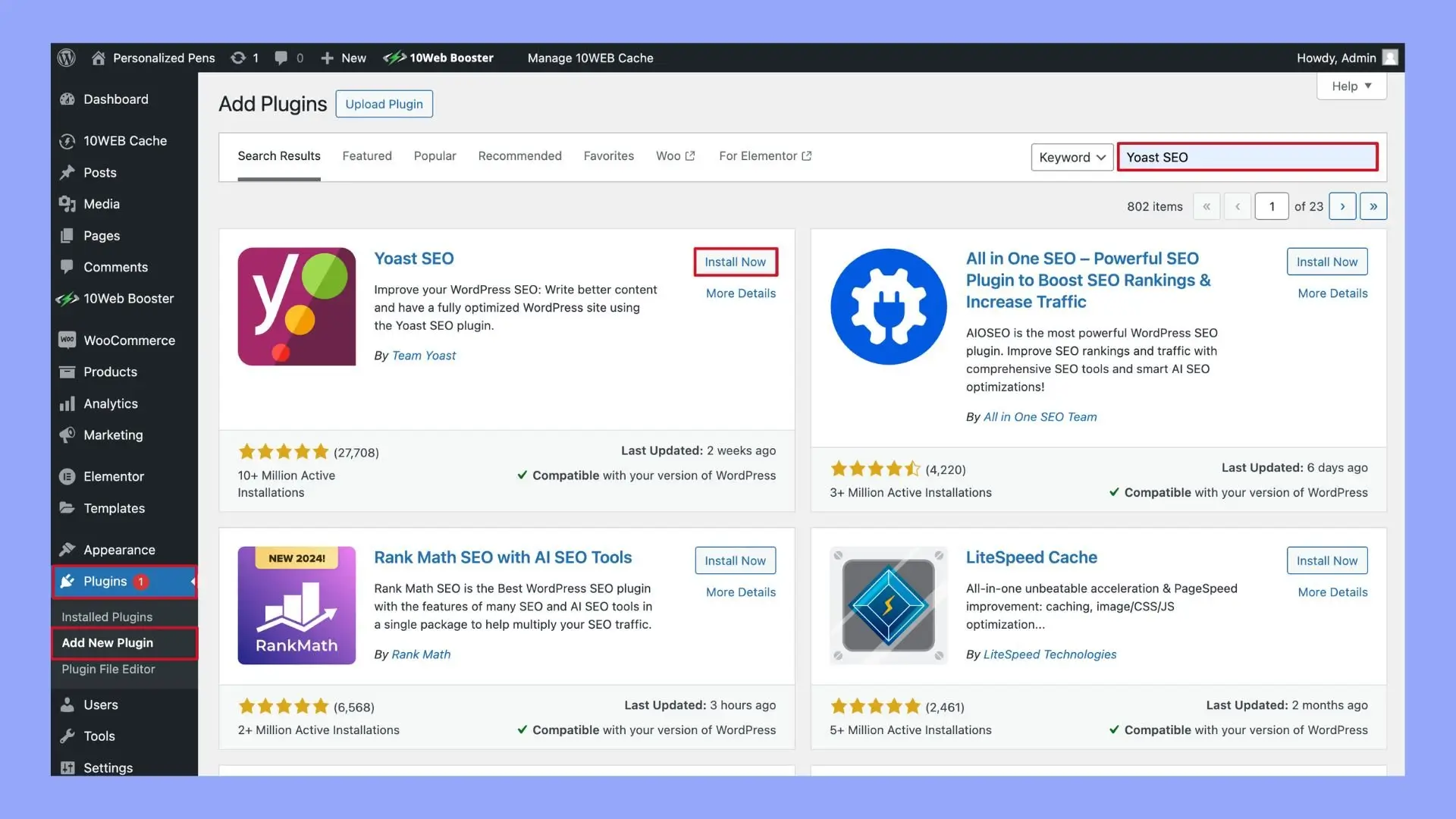 Cài đặt plugin Yoast SEO trong WordPress để thêm và quản lý thẻ canonical tự động
