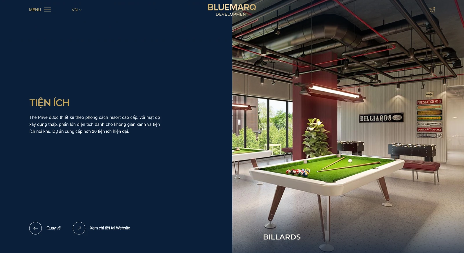 Giao diện tiện ích nội khu sang trọng trong thiết kế website BLUEMARQ Development