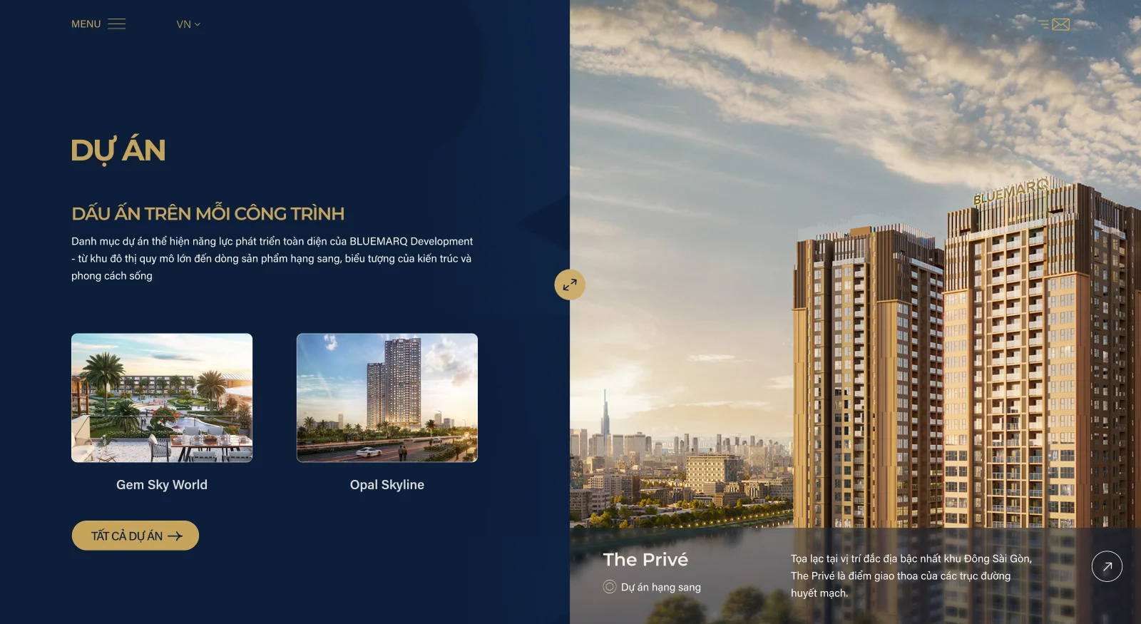 Chức năng hiển thị danh mục dự án trên website BLUEMARQ Development