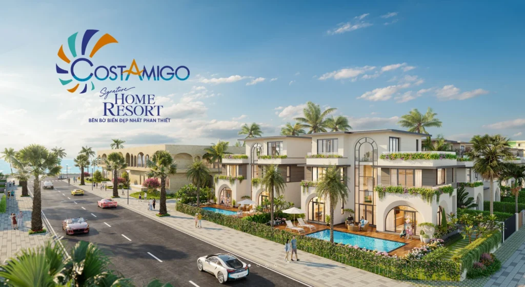 Giao diện trang chủ website dự án khu nghỉ dưỡng Costamigo Phan Thiết với thiết kế tràn viền sang trọng, hiển thị toàn cảnh biệt thự ven biển và logo thương hiệu.