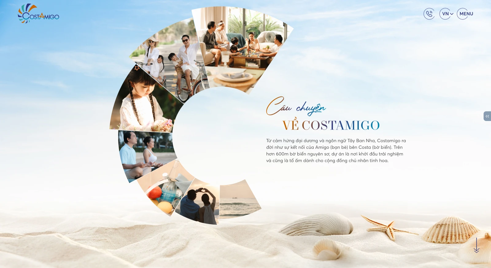 Section Câu chuyện về Costamigo trên website với thiết kế hiệu ứng cuộn ảnh vòng cung độc đáo, kết hợp không gian trắng tối giản mang âm hưởng đại dương.