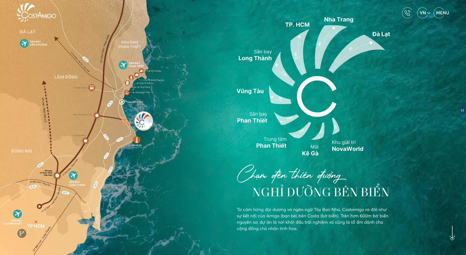 Thiết kế bản đồ vị trí chiến lược của dự án Costamigo Phan Thiết trên website, thể hiện kết nối giao thông cửa ngõ và các khu vực lân cận với tone màu xanh ngọc đồng nhất.