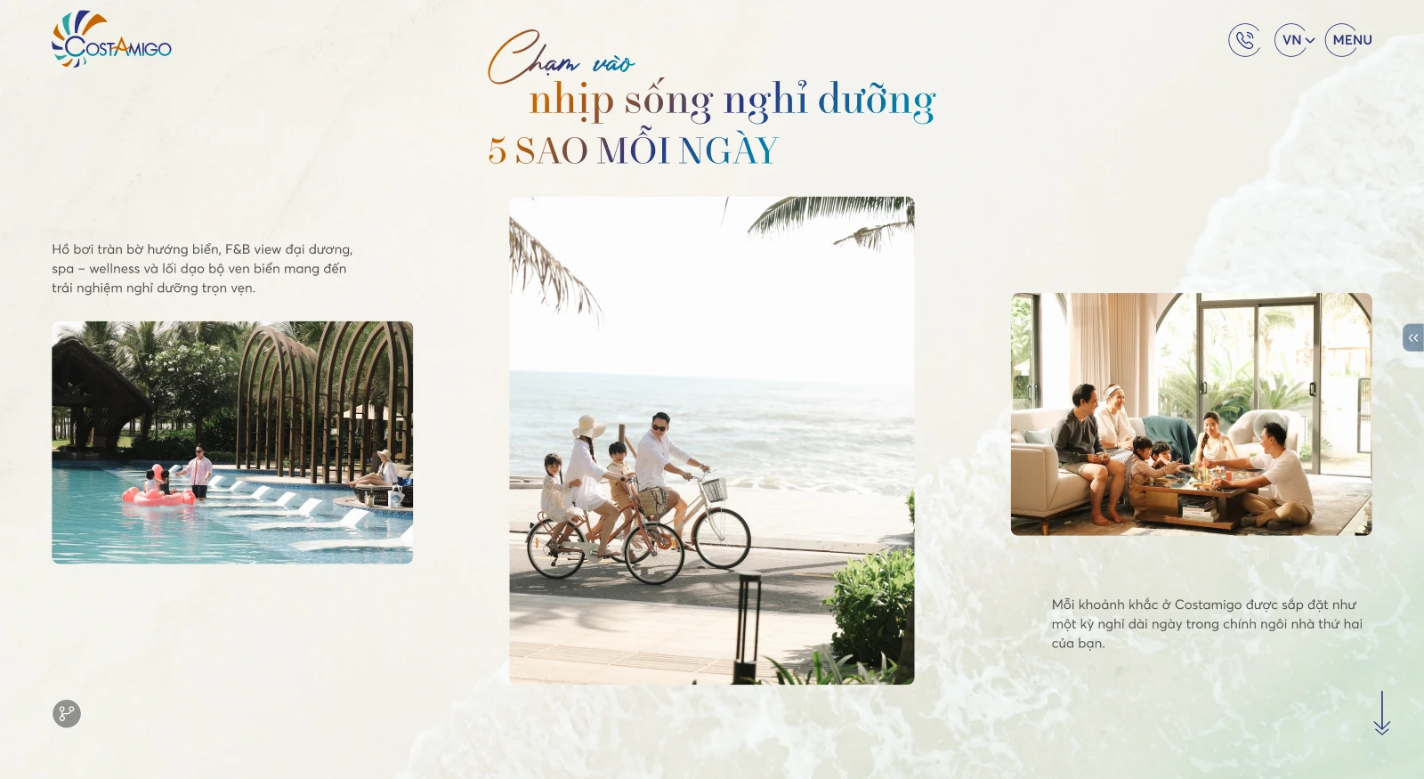Giao diện giới thiệu hệ thống tiện ích 5 sao tại Costamigo Phan Thiết trên website, sử dụng hình ảnh lớn và bố cục trực quan tạo cảm giác nghỉ dưỡng đẳng cấp.