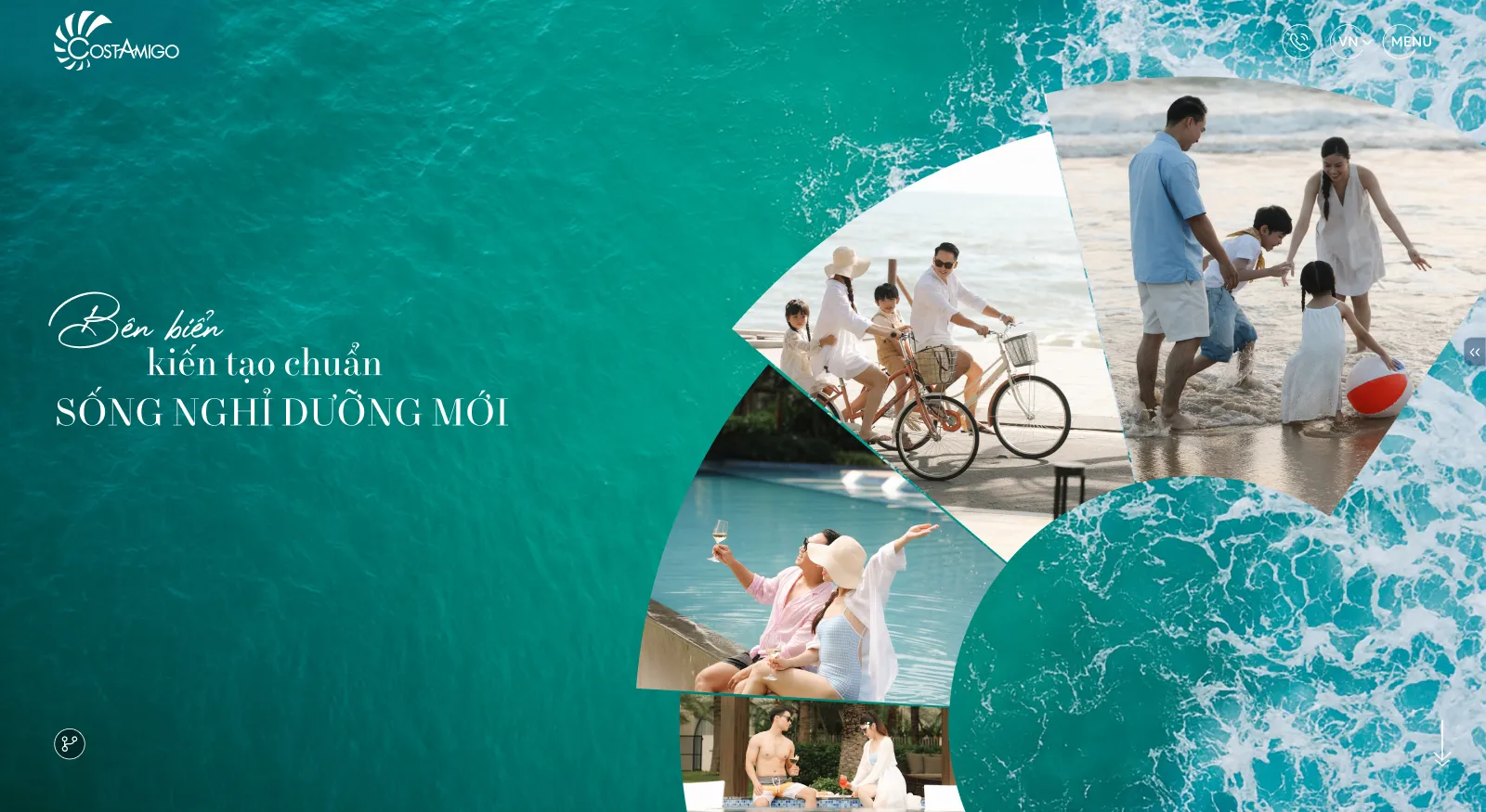 Thiết kế section "Bên biển kiến tạo chuẩn sống nghỉ dưỡng mới" sử dụng bố cục hình ảnh cắt lớp hình tròn độc đáo trên nền mặt nước biển xanh ngọc.