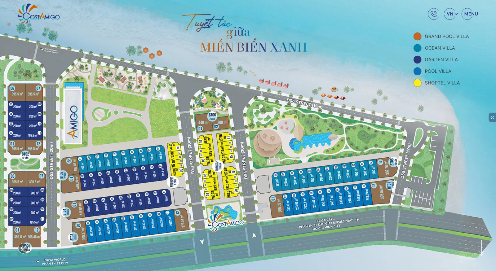 Bản đồ mặt bằng phân khu dự án Costamigo Phan Thiết trên website, thể hiện chi tiết vị trí các cụm Grand Pool Villa, Ocean Villa, Garden Villa, Pool Villa và Shoptel.