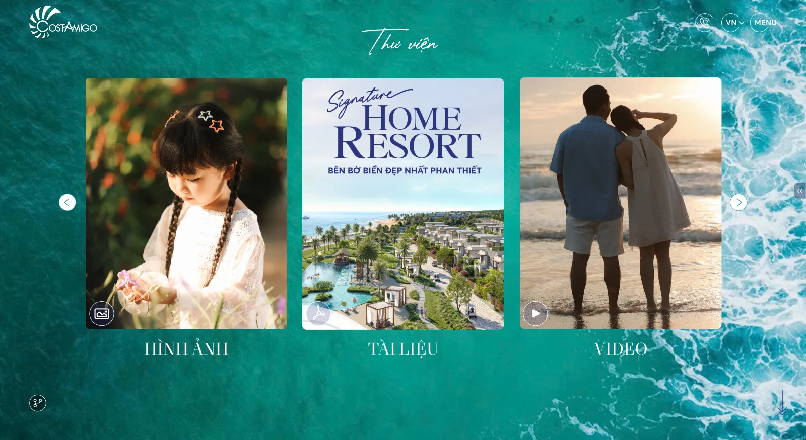 Trang chủ mục Thư viện trên website Costamigo Phan Thiết, phân chia rõ ràng các hạng mục Hình ảnh, Tài liệu và Video trên nền giao diện màu xanh đại dương.