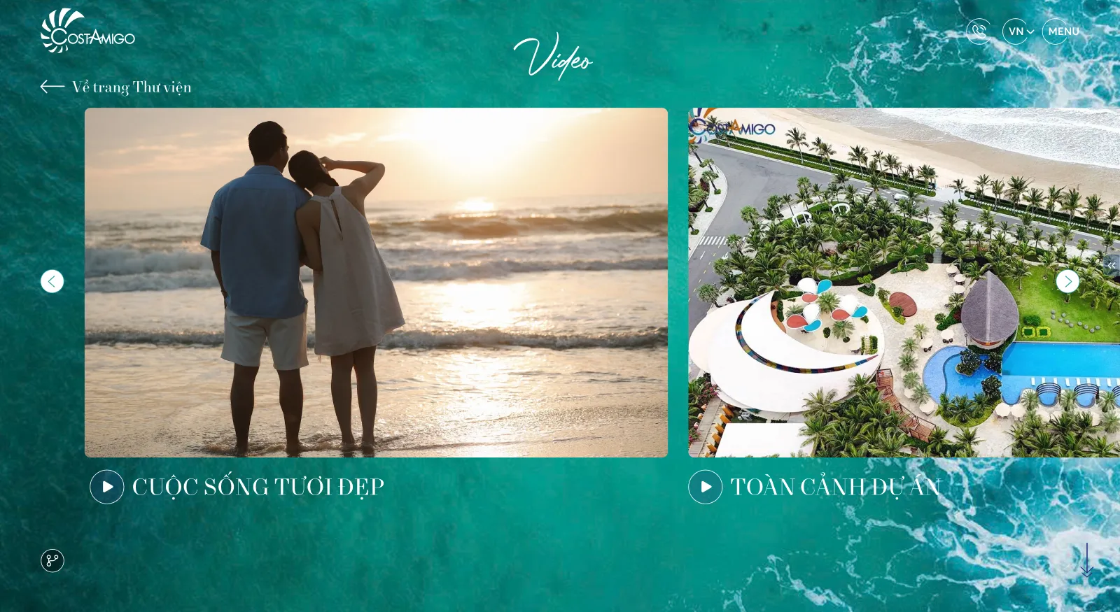 Giao diện mục Video trên website Costamigo Phan Thiết, trình bày các video clip về Cuộc sống tươi đẹp và Toàn cảnh dự án với nút Play trực quan, tối ưu tốc độ tải trang.