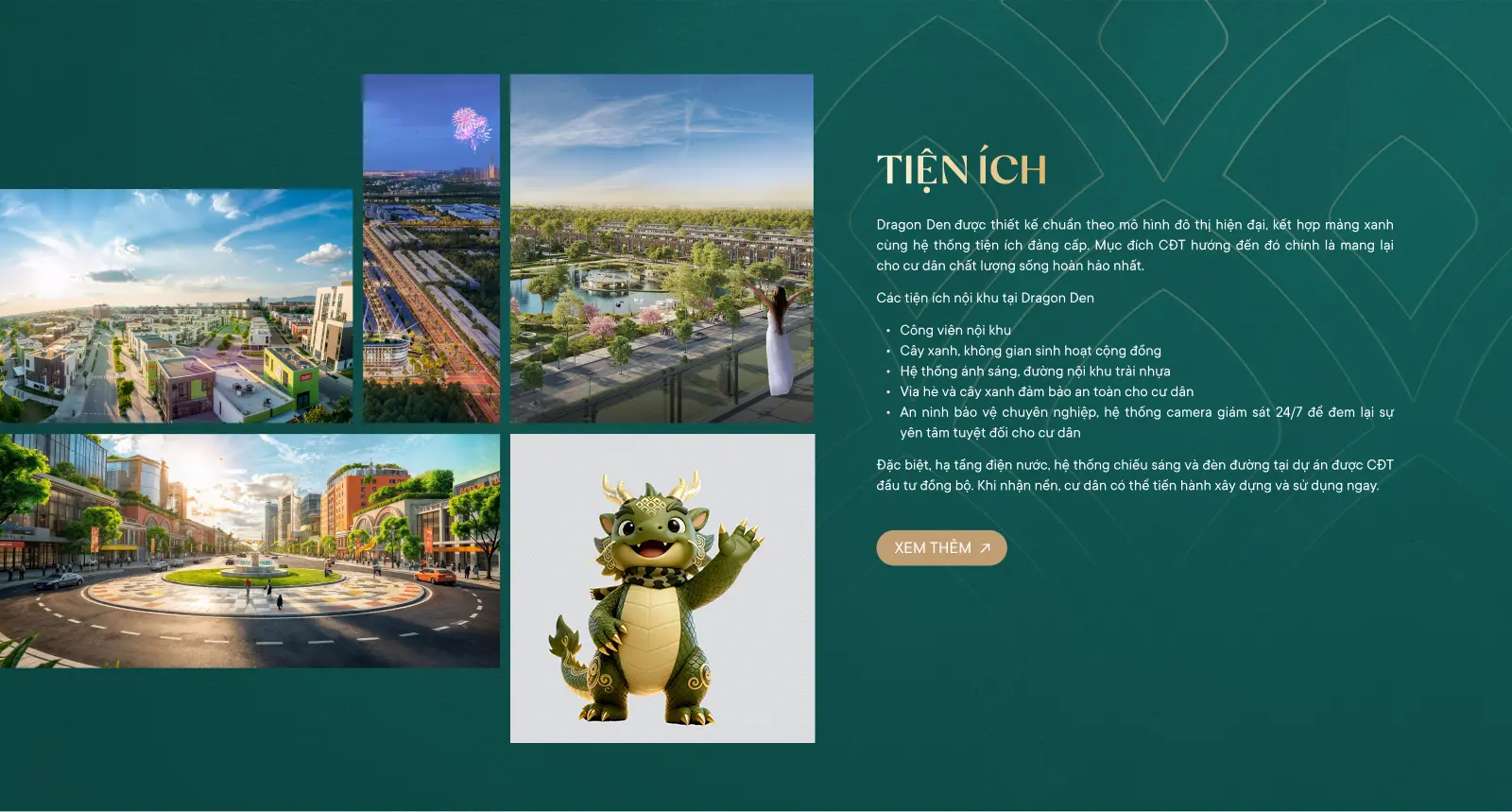 Giao diện section Tiện ích nội khu dự án Dragon Eden với thiết kế hình ảnh trực quan.