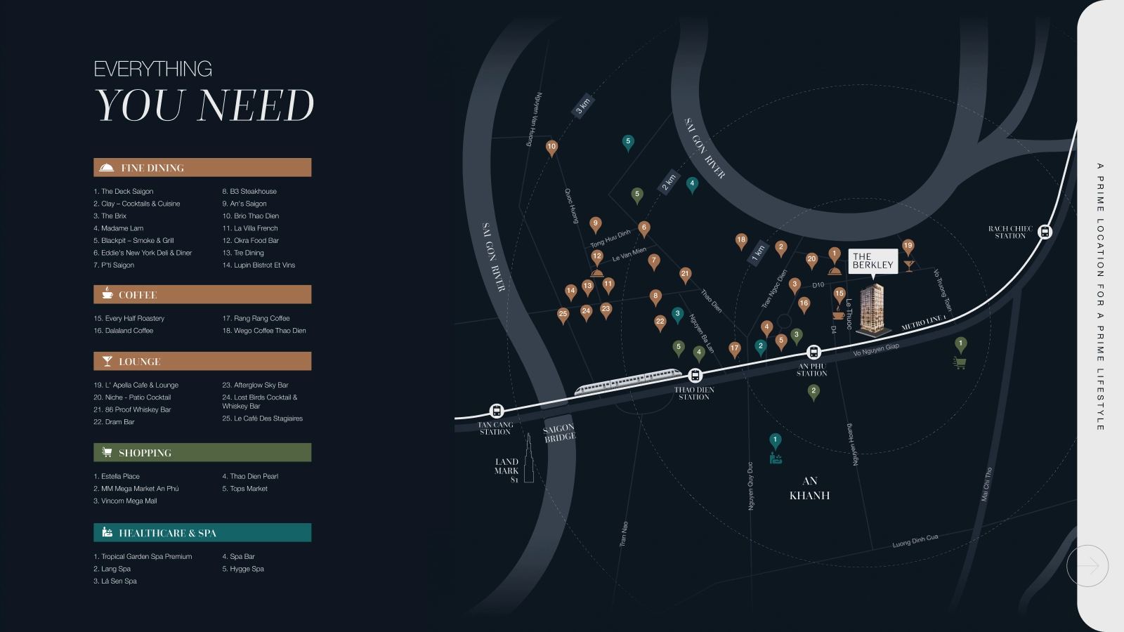 Amenities map interface for landing page The Berkley project, including a detailed list of restaurants, cafes, and spas.