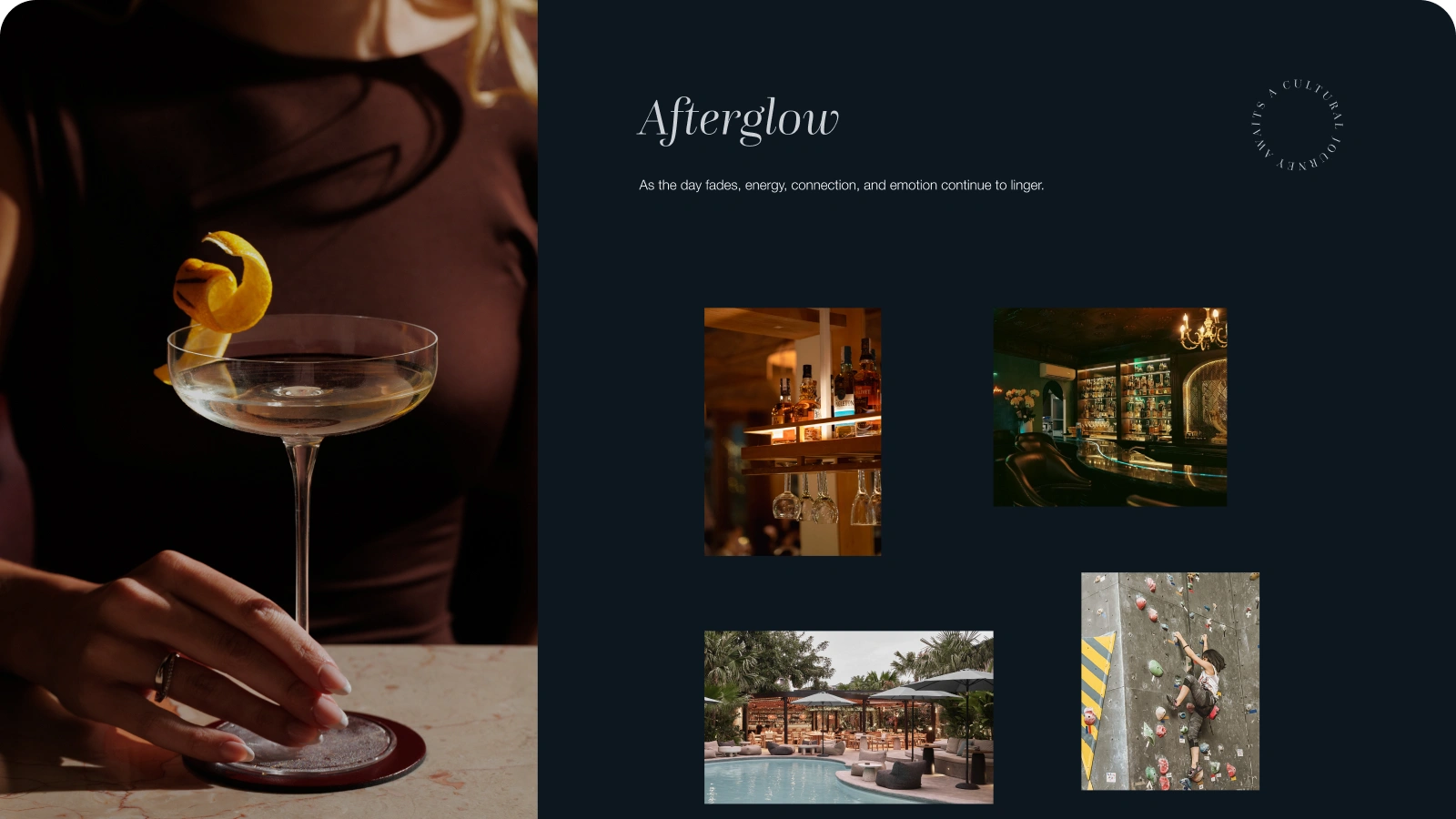 Afterglow section interface showcasing a high-end lifestyle with images of cocktails and entertainment amenities of landing page The Berkley project.