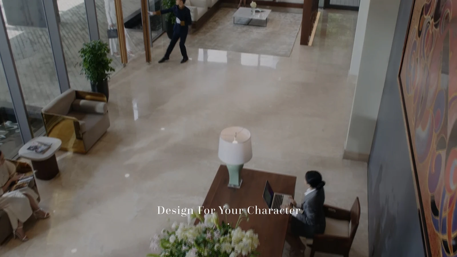 Luxurious lobby area design of landing page The Berkley project with the brand positioning message 'Design For Your Character'.