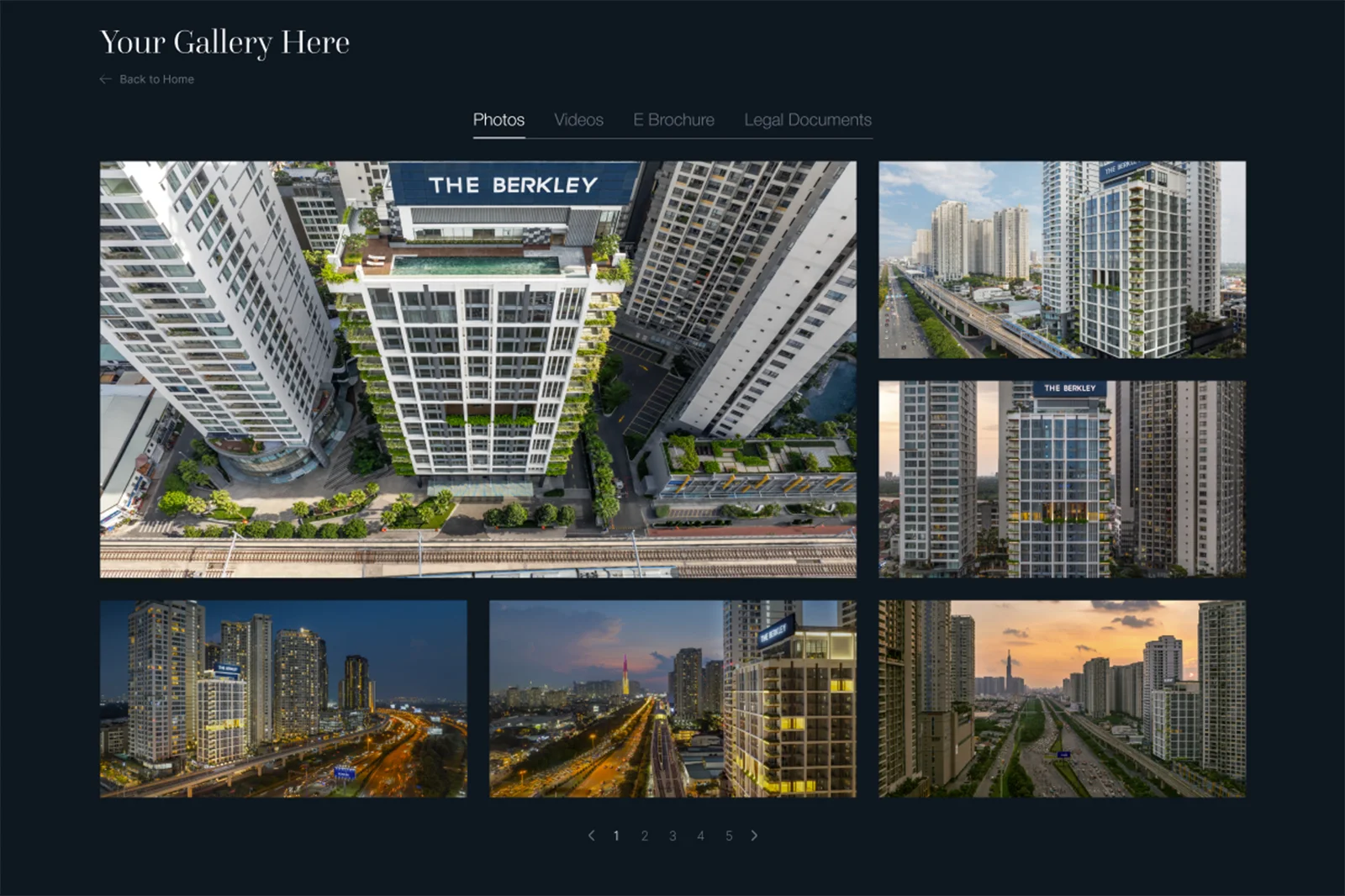 Layout of the media gallery for landing page The Berkley project, using a grid layout to show realistic landscape and building architecture photos.